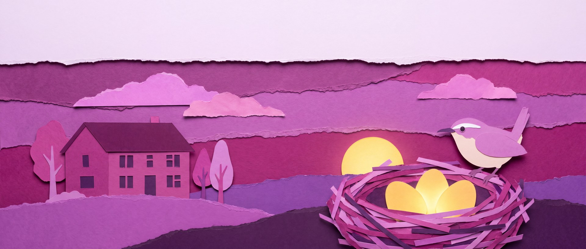 Cut-paper scene: a quiet house at dusk beside a nest holding three golden eggs