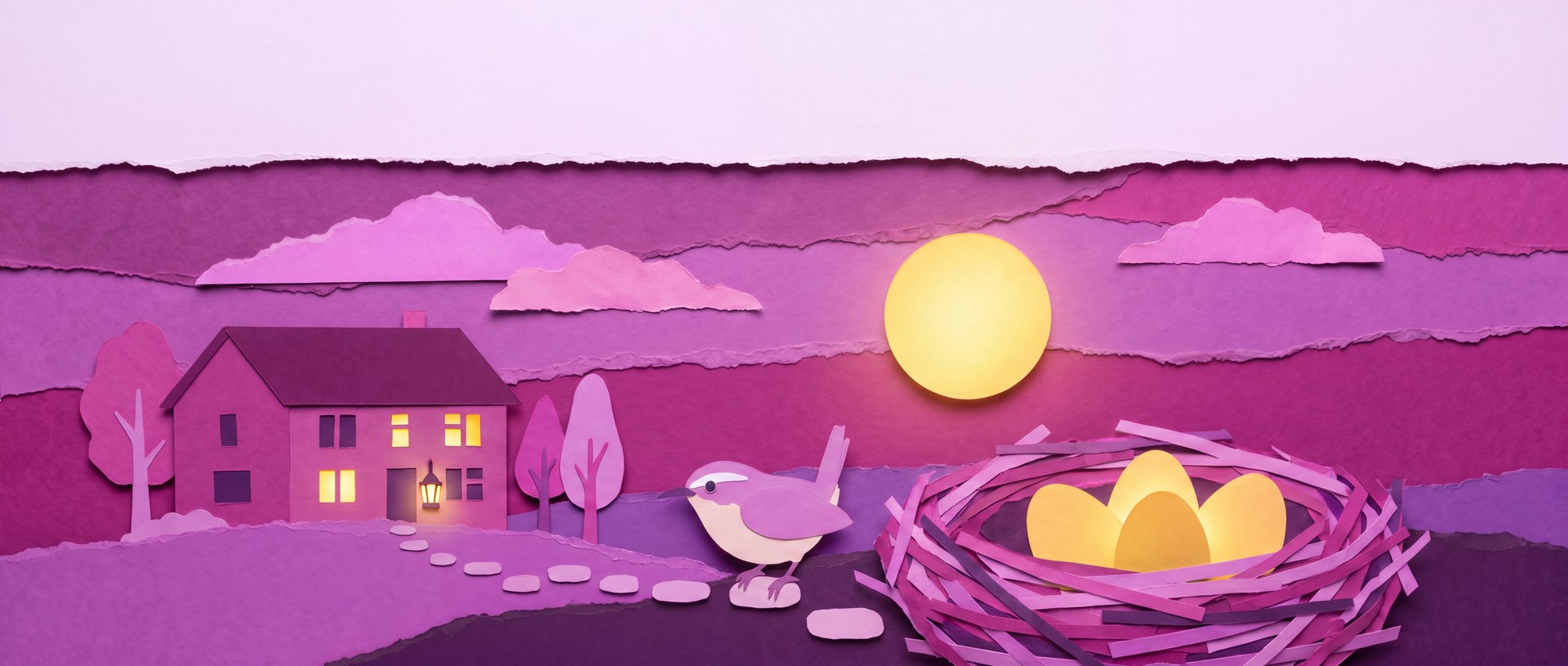 The finished story scene: the house lit, the path complete, the bird walking toward the door